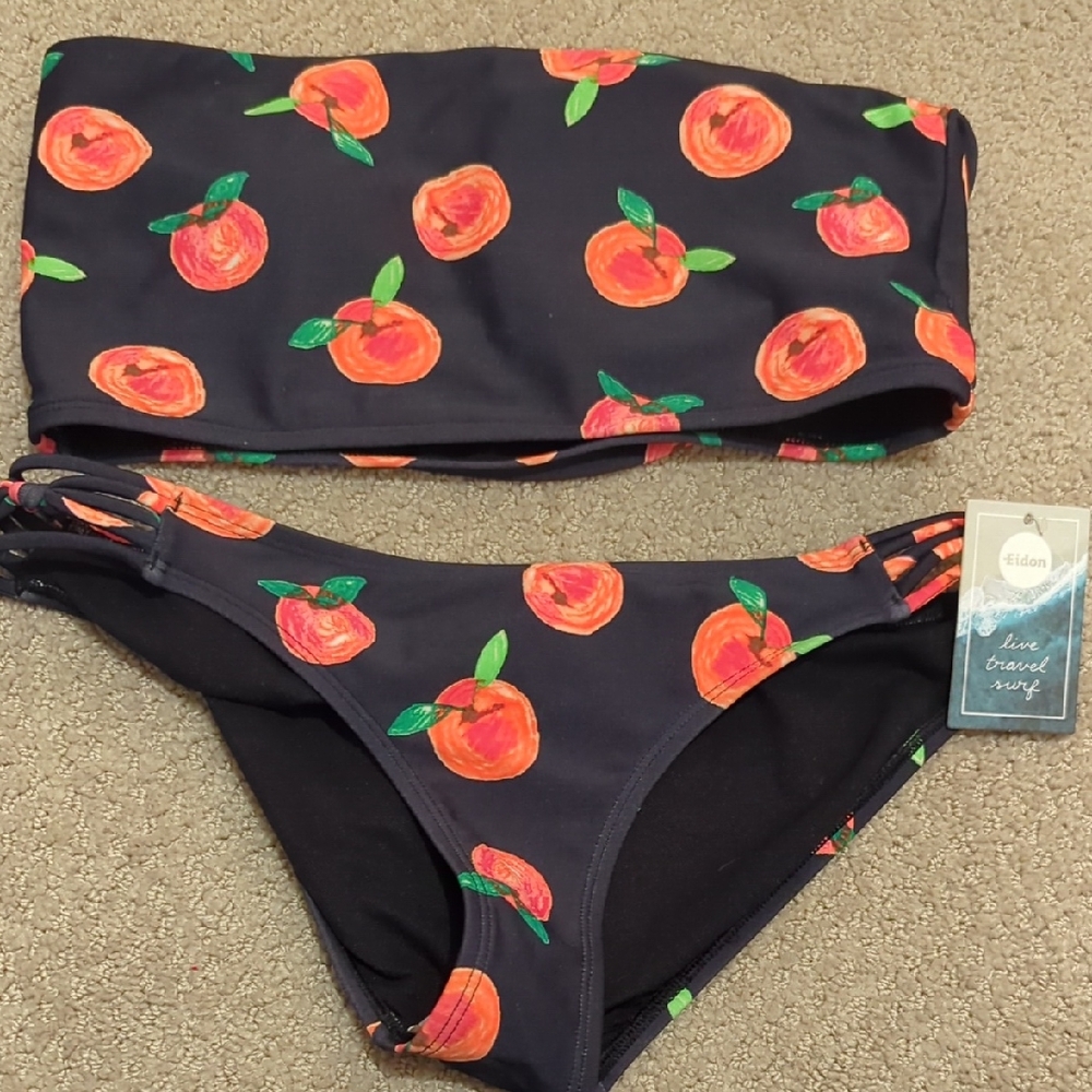 Eidon Women’s Black Bandeau Bikini Set with Orange Peach Print